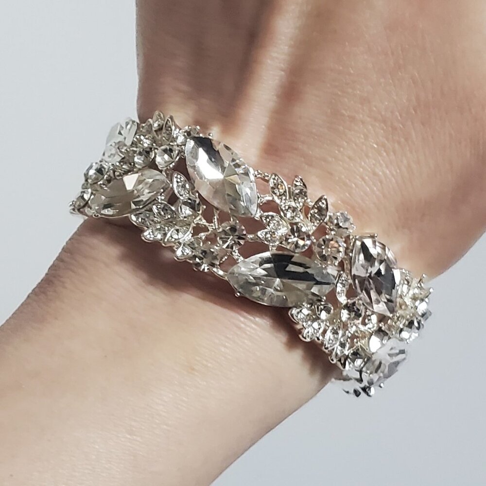 Crystal Rhinestone Stretchy Cuff Bracelet - Bridal/Prom/Any Occasion - Picture 8 of 11
